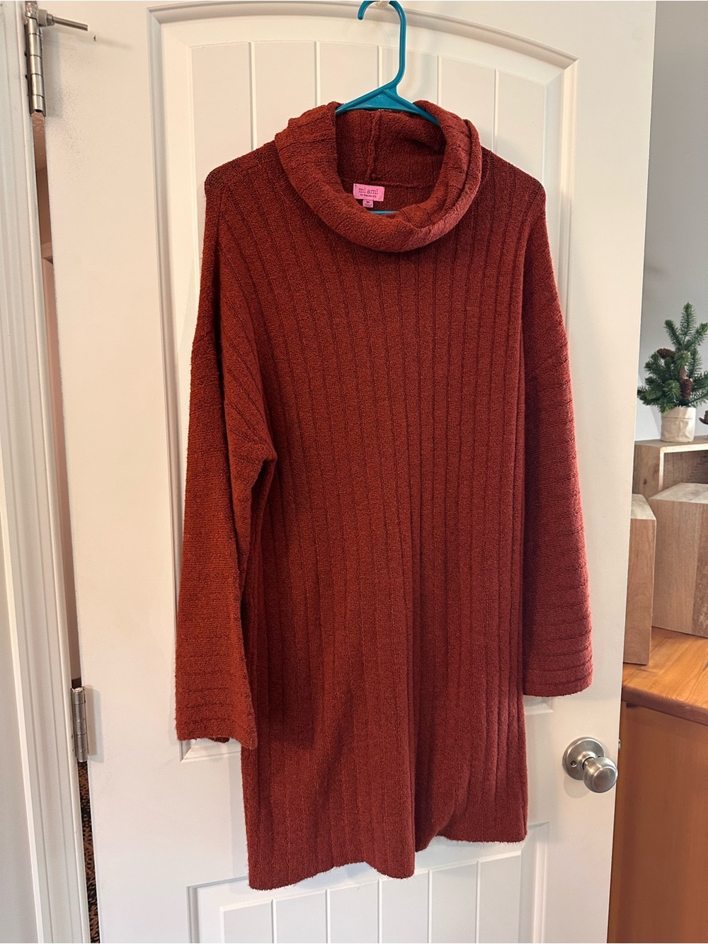 miami Rust Ribbed Cowl Turtleneck Sweater Dress